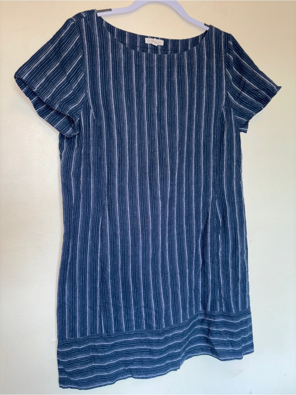 Eileen Fisher Organic Hemp Cotton Stripe Shift Mini Dress Sz M Lagenlook Coastal